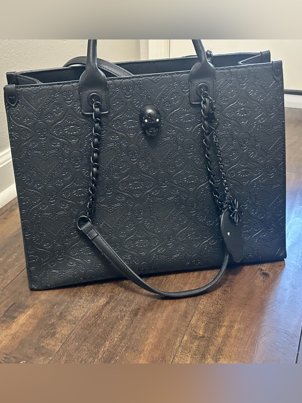 Betsey Johnson Xokiara Black Embossed Skulls Large Tote Bag